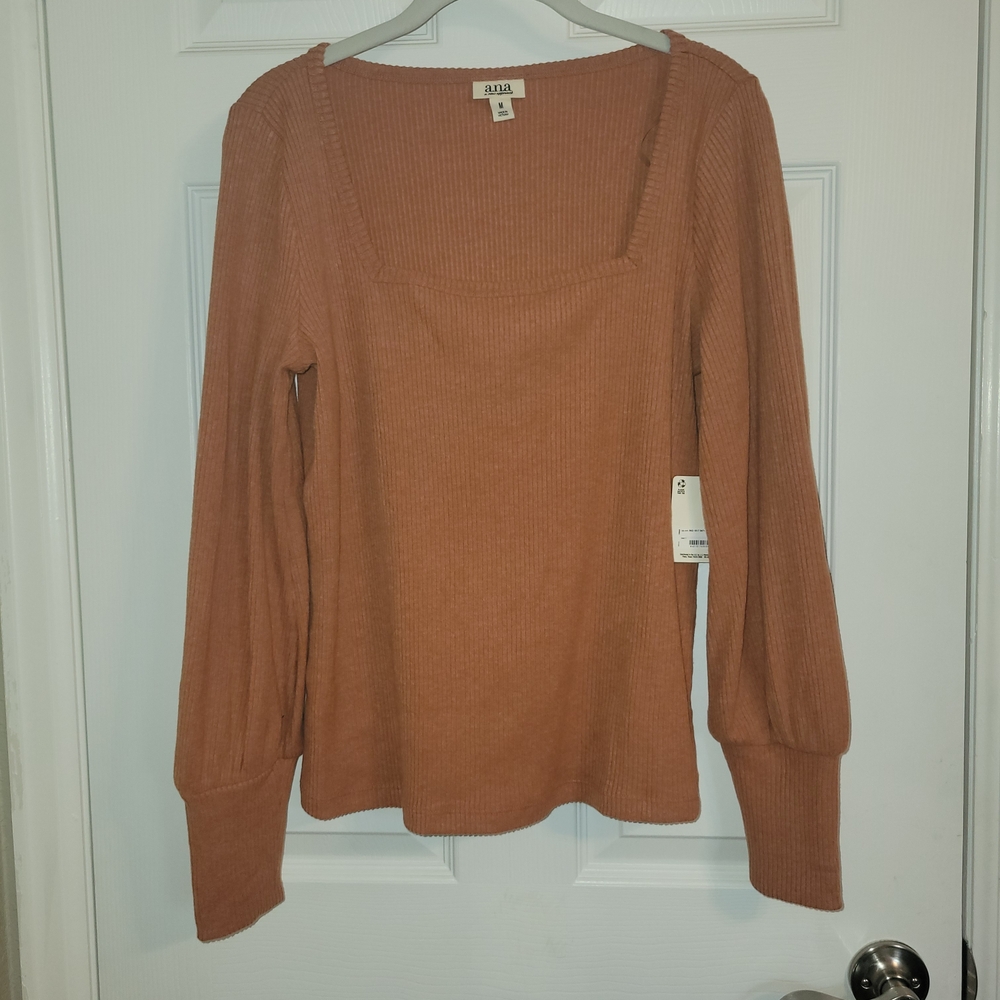 Rust Orange Puff Sleeve Ribbed Sweater